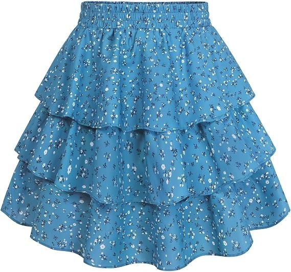 Blue Floral Tiered Skirt With Elastic Waist And Lining Shorts